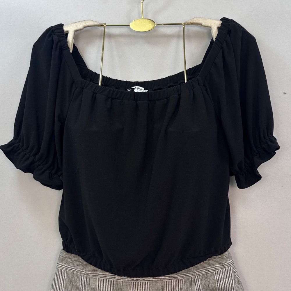 Bar III Black Puff Sleeve Square Neck Blouse Ruffle Cuff Bubble Hem Top Small